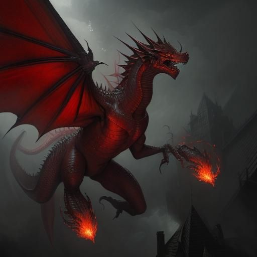 Red Dragon, flying, breathing fire, massive