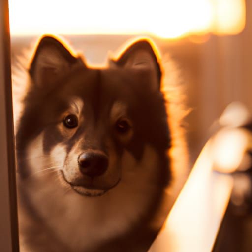 Finnish Lapphund  staring at me at balcony in intense orange...