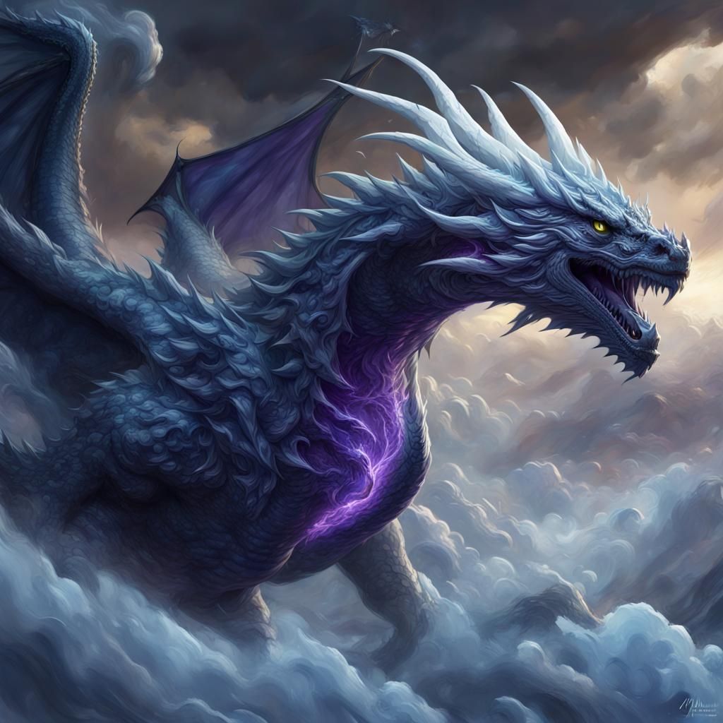 blue and white and black ice dragon flying through a thundercloud - AI ...