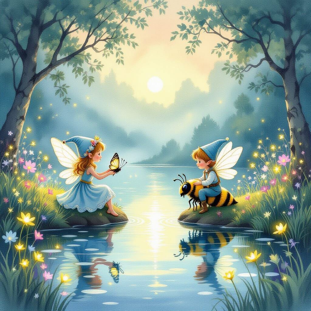 Whimsical Elves on Butterfly and Bee at Twilight Lakeside