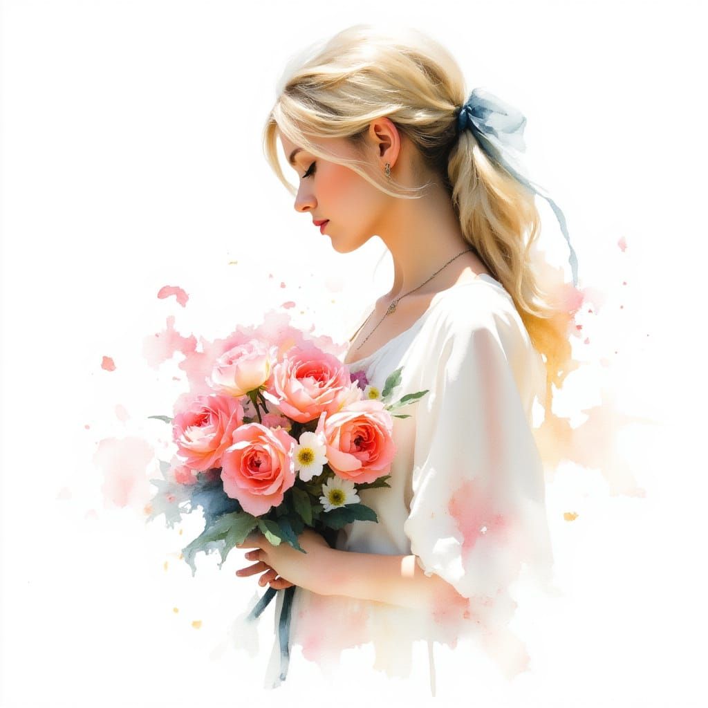 <lora:SoftWhite:1.0> 
Watercolor painting On White background, a woman holding a bouquet of watercolor roses, the petals blending softly in...