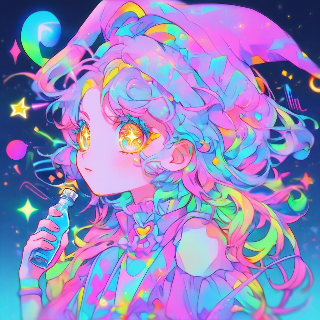Anime Girl Witch with Soda in Pastel Neon Colors