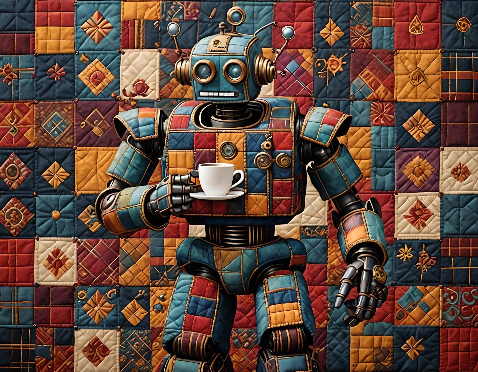 Quilt 3D textile art, Steampunk patchwork robot.  by @AuntClaudia