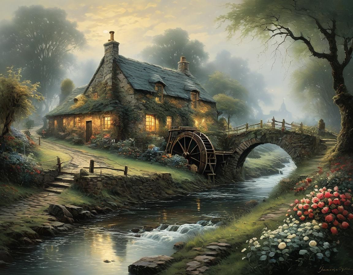 A painting by Johan Jongkind, kerem beyit, thomas kinkade cfg _ scale 8, foggy morning a delapitated ...  by @Spearmint