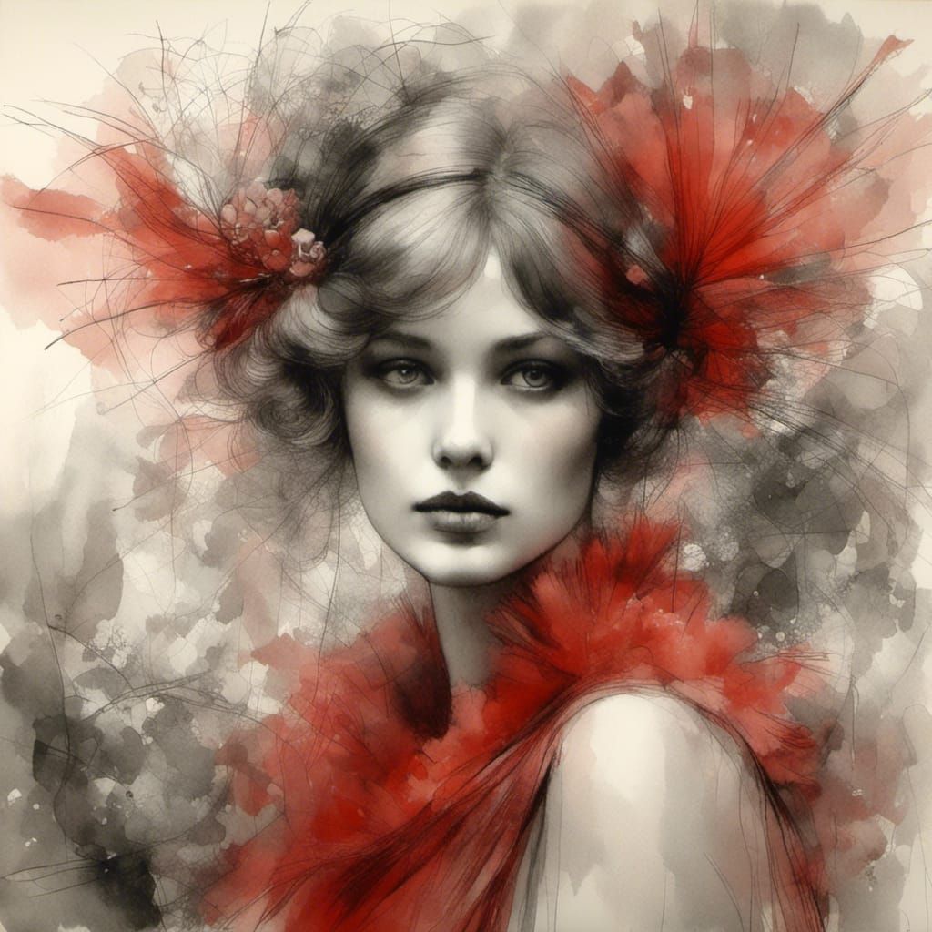 Flapper Woman in Vibrant Red Charcoal Drawing