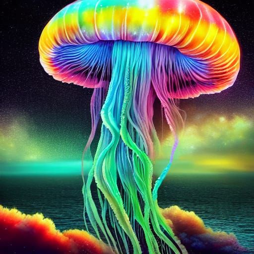 <lora:Suno:1.0> A colossal, bioluminescent jellyfish drifts serenely through a nebula, its tentacles trailing stardust and cosmic debris, wh...