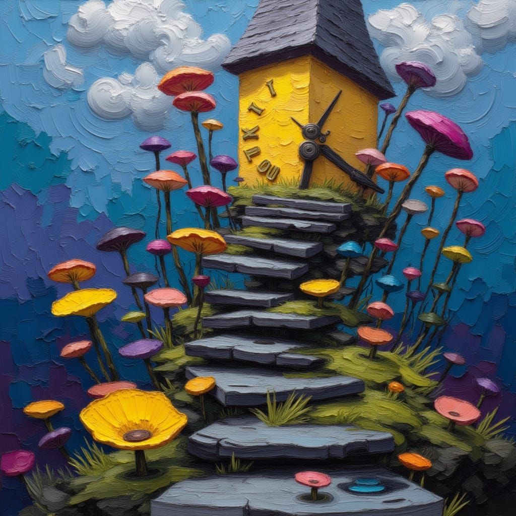 <lora:MJ7 Surreal Painting:1.0> A broken clock tower growing fungi and stairs to nowhere; thick impasto oil paint acrylic brush strokes imp...