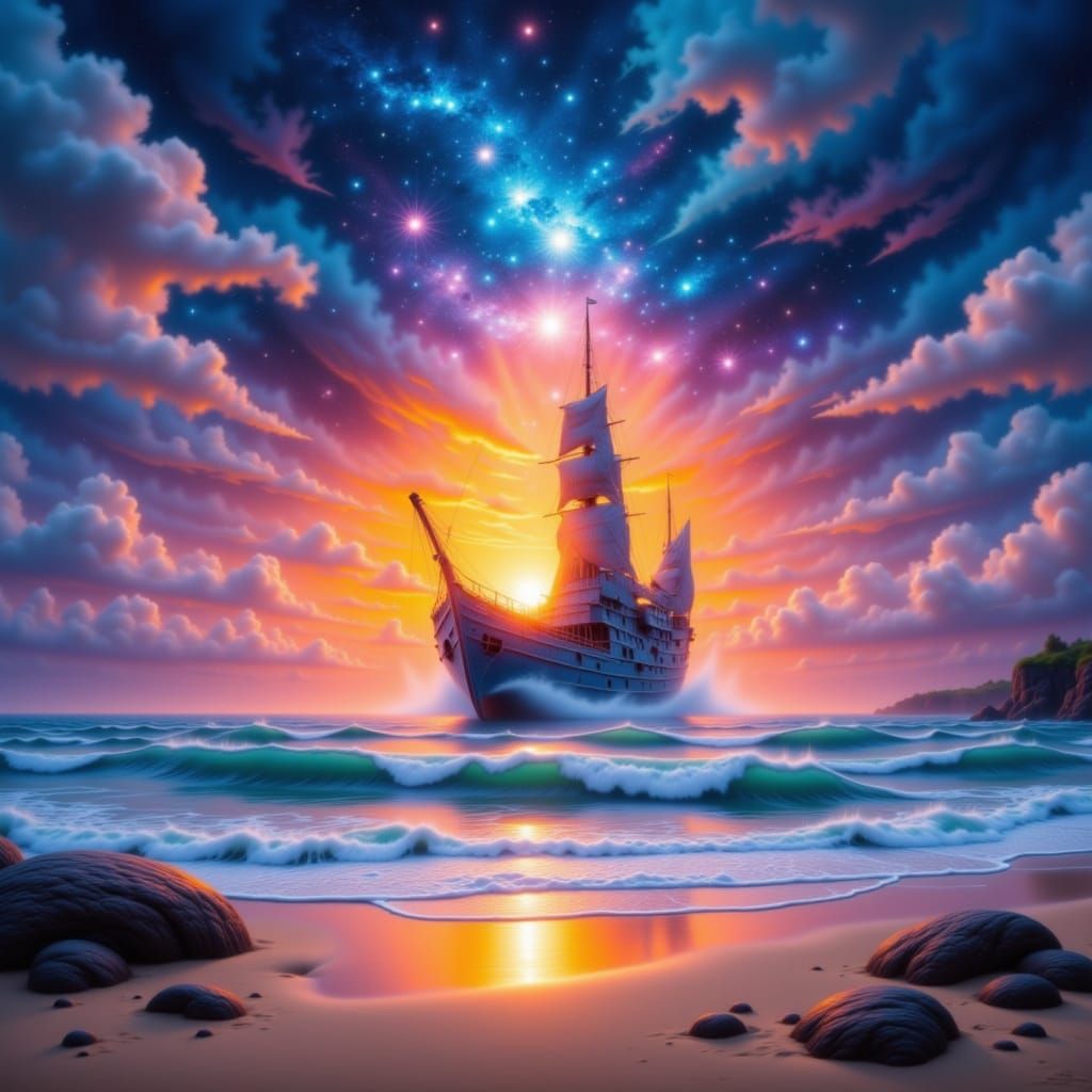 <lora:Boats and Ships:1.0>A surreal airbrushed landscape of a ocean beach sunset double exposure ship airbrushed orange ocean sunset galaxy....