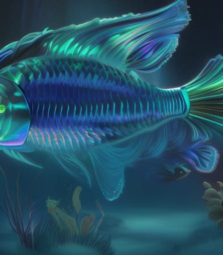 Beautiful iridescent opalescent fish and iridescent bubbles,...
