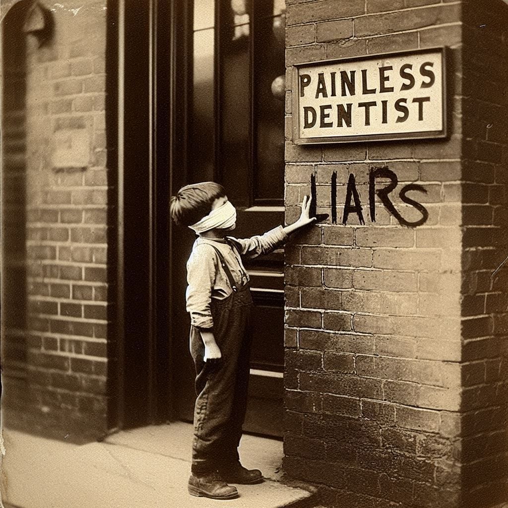 A young boy, his face obscured by a bandage, stands outside ...