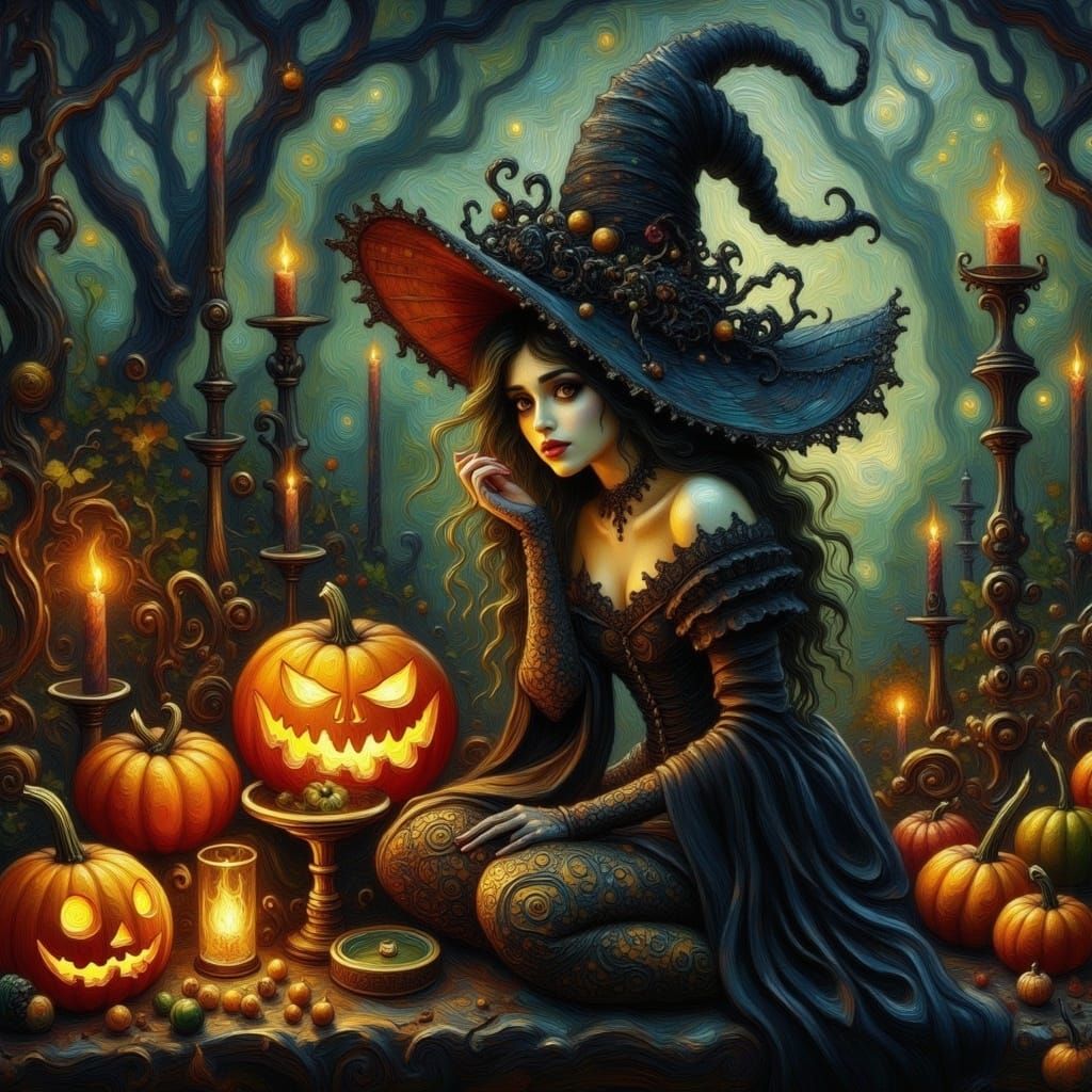 <lora:ImpastoOil Influence:1.0> beautiful stunning antique witch Halloween decorations haunted magical enchanting 