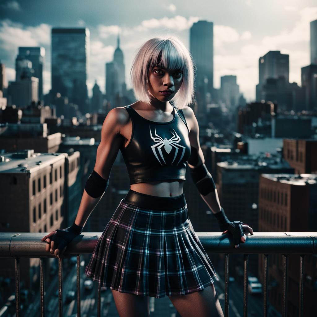 Spider gwen wearing croptop and very short skirt full body portrait Cinematic film still, shot on v-raptor XL, film grain, vignette, color g...