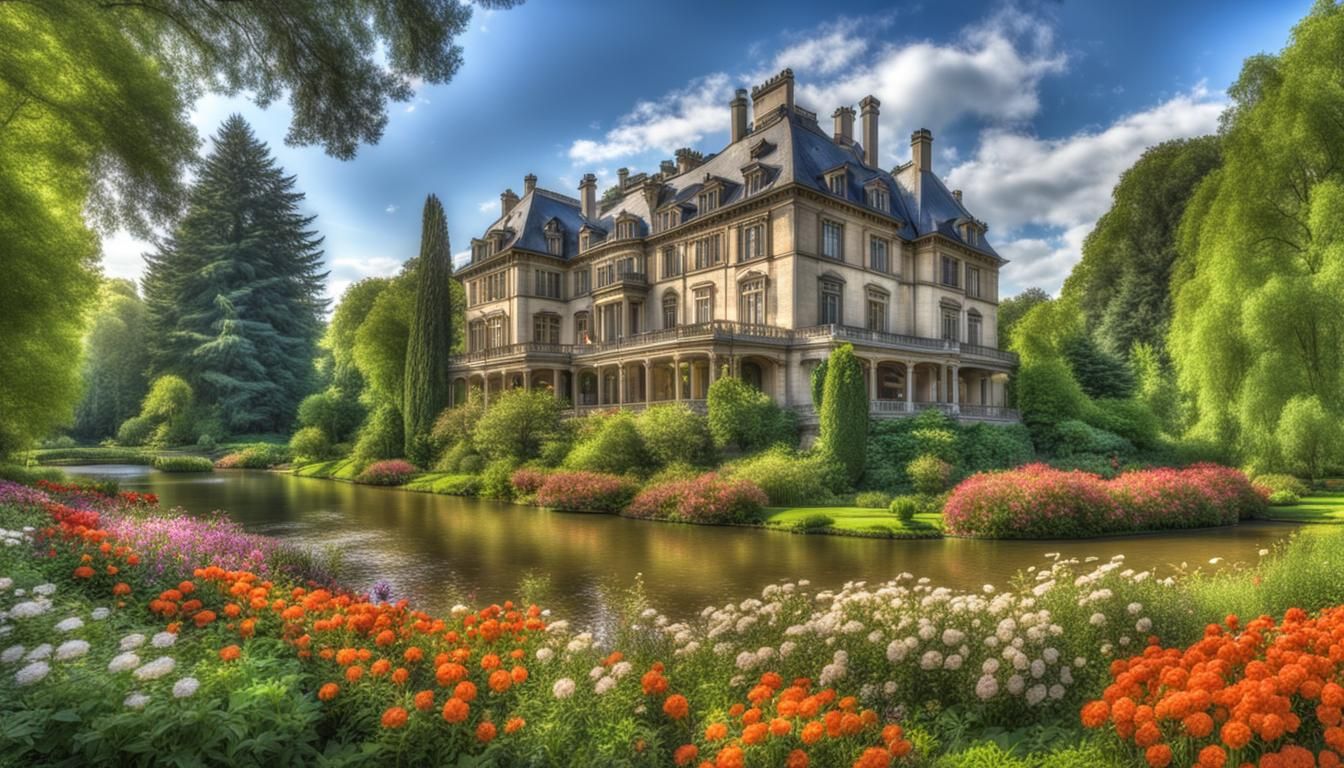 A massive mansion with a balcony near a river in a garden park with tall trees and big flowers. HDR, beautifully shot, hyperrealistic, shar...