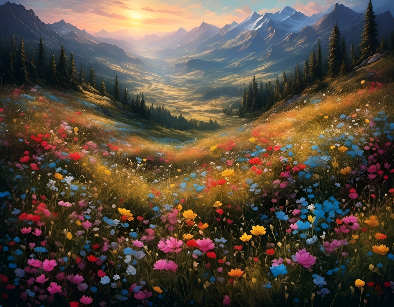 Asymmetrical Mountain Meadow - AI Generated Artwork - NightCafe Creator