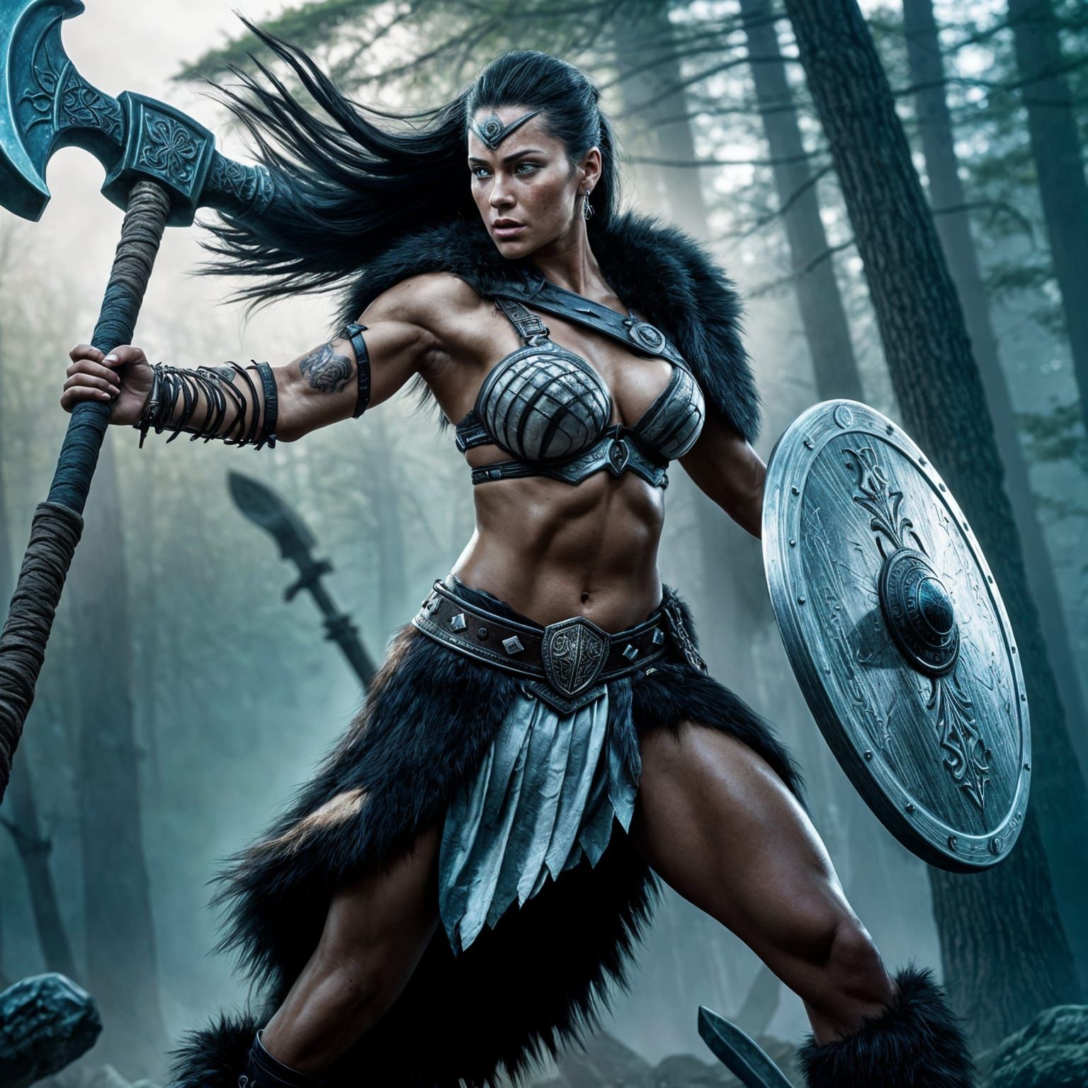 An epic high fantasy scene depicts a tall muscular female Goliath barbarian swinging a massive double-bladed battle axe,...