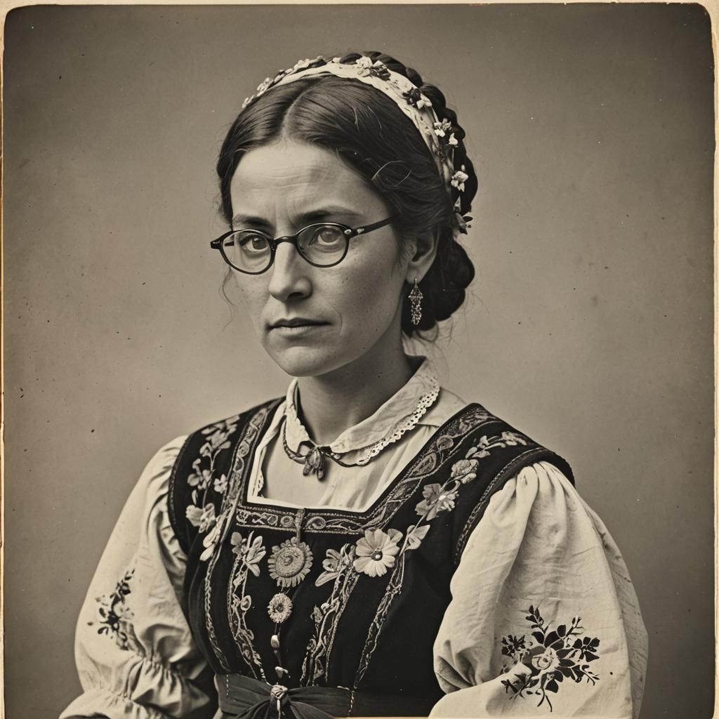 Woman in a folklore dress. She is wearing glasses