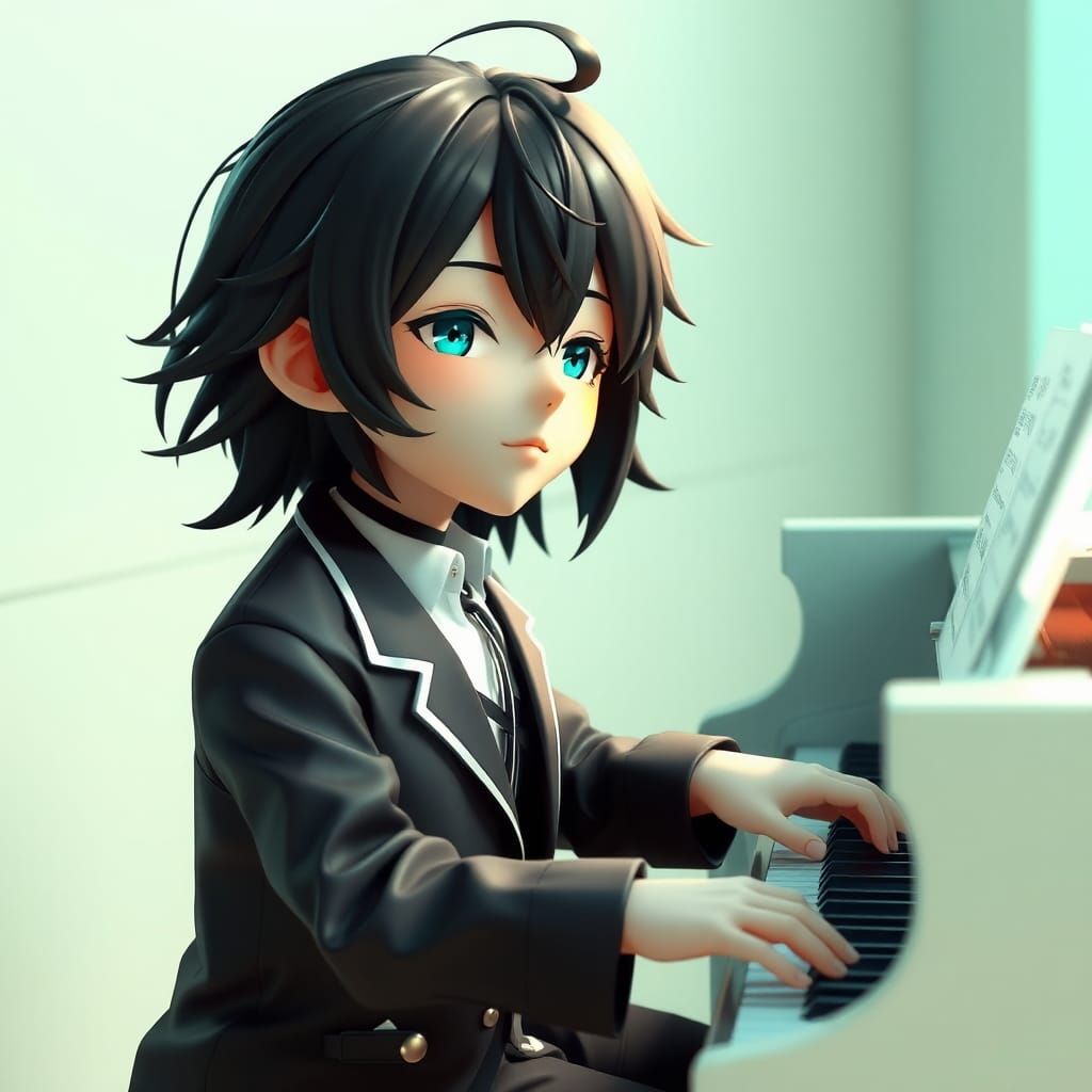 Handsome Man Playing Piano in Anime Style