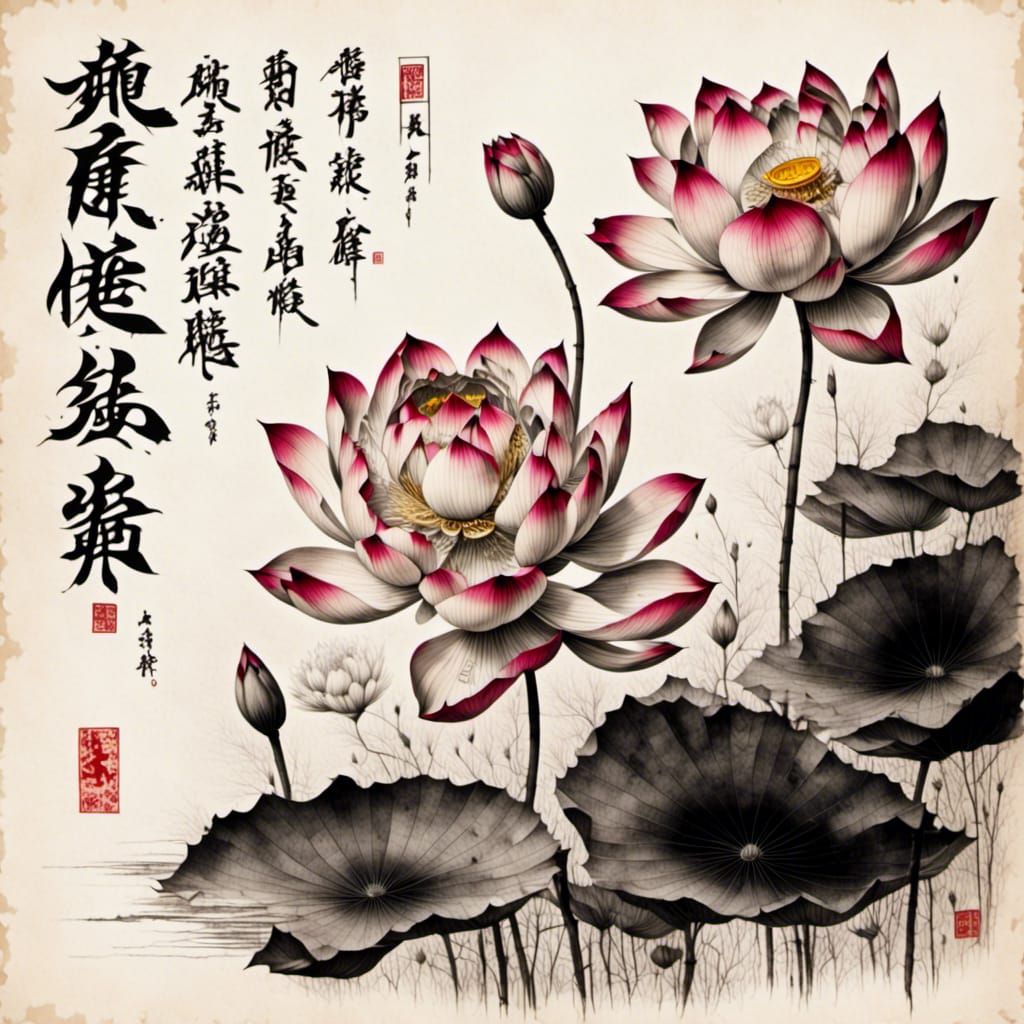 Lotus Flower on Chinese Scroll in Vintage Style