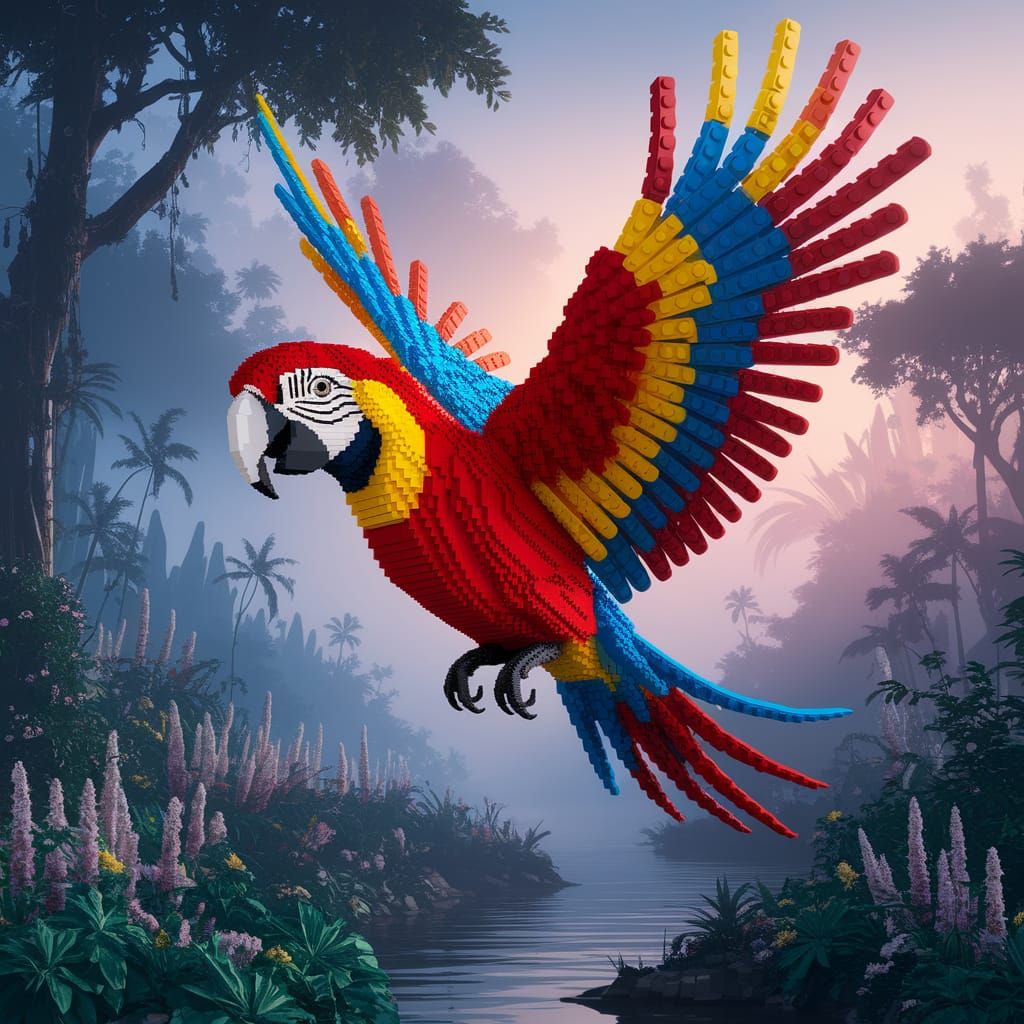 Lego Macaw Parrot Flying Through Amazon Rainforest
