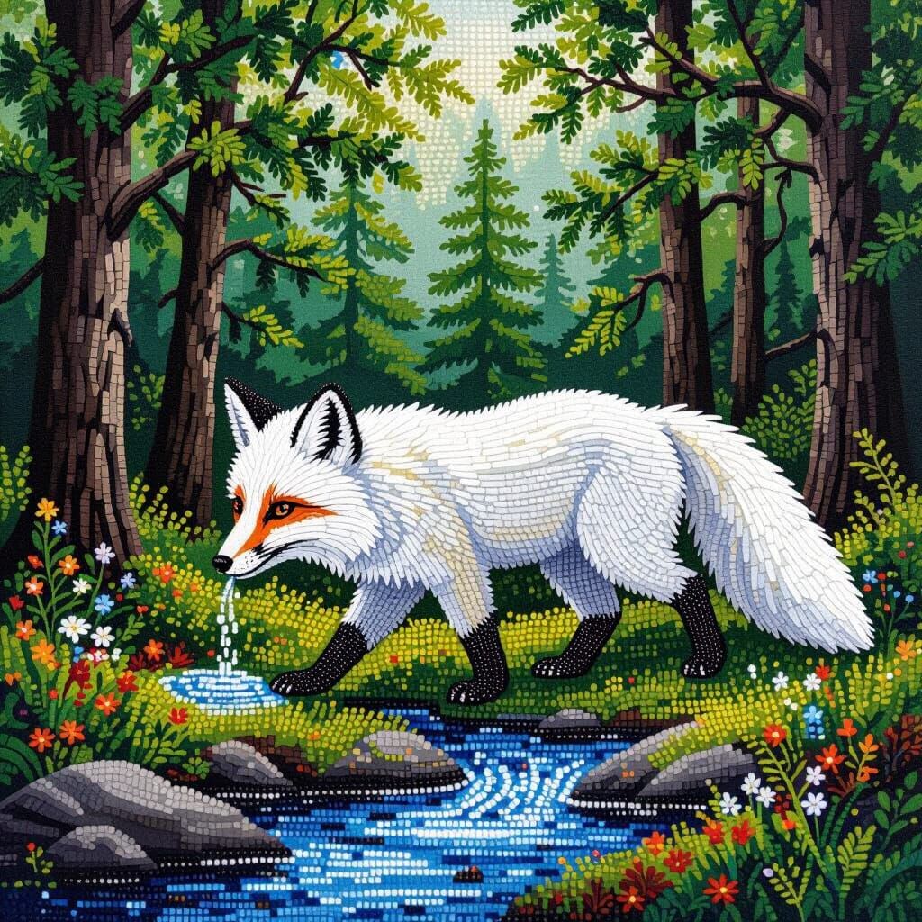 White Fox Beadwork in Forest Stream
