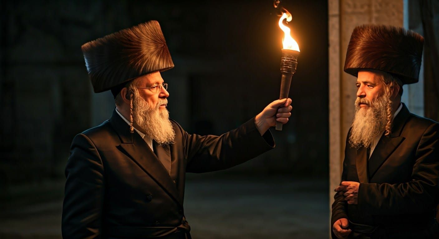 Traditional Hasidic Jewish Men Pass Torch in Dramatic Lighti...