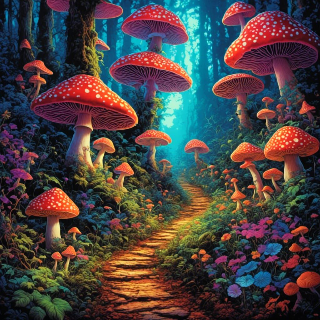 beautiful mushroom forest path <lora:VintageBlacklight:1.0> 
