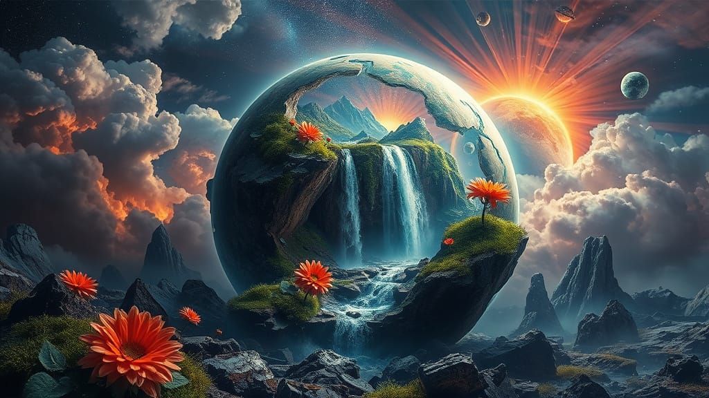 Dramatic Surreal HD dazzling abstract digital of a planet that has been broken or destroyed containing ...  by @The Carlyle