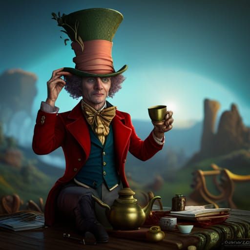 A mad hatter drinking red tea in brass cup and Hare settled ...