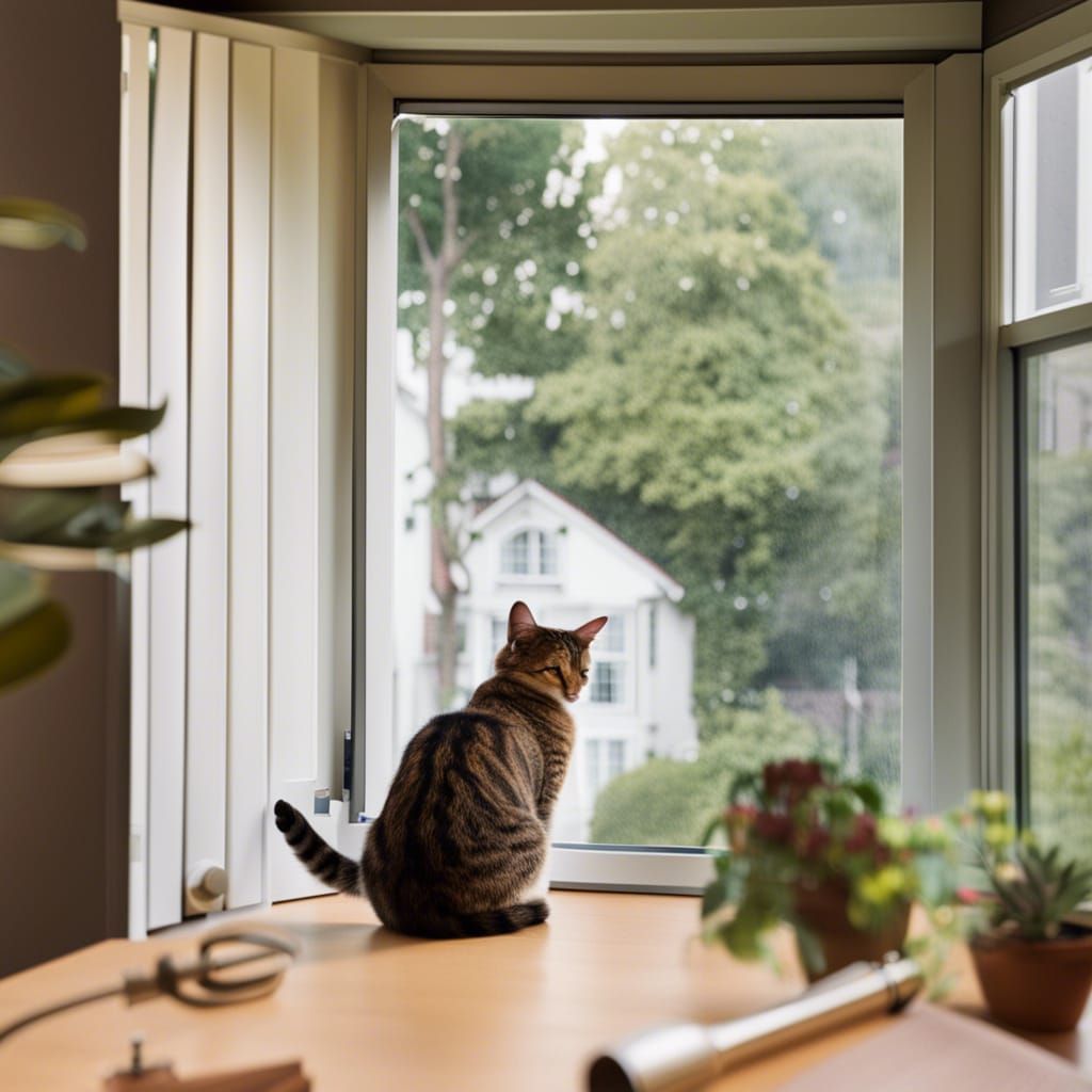 Cat looking into bedroom window with telescope