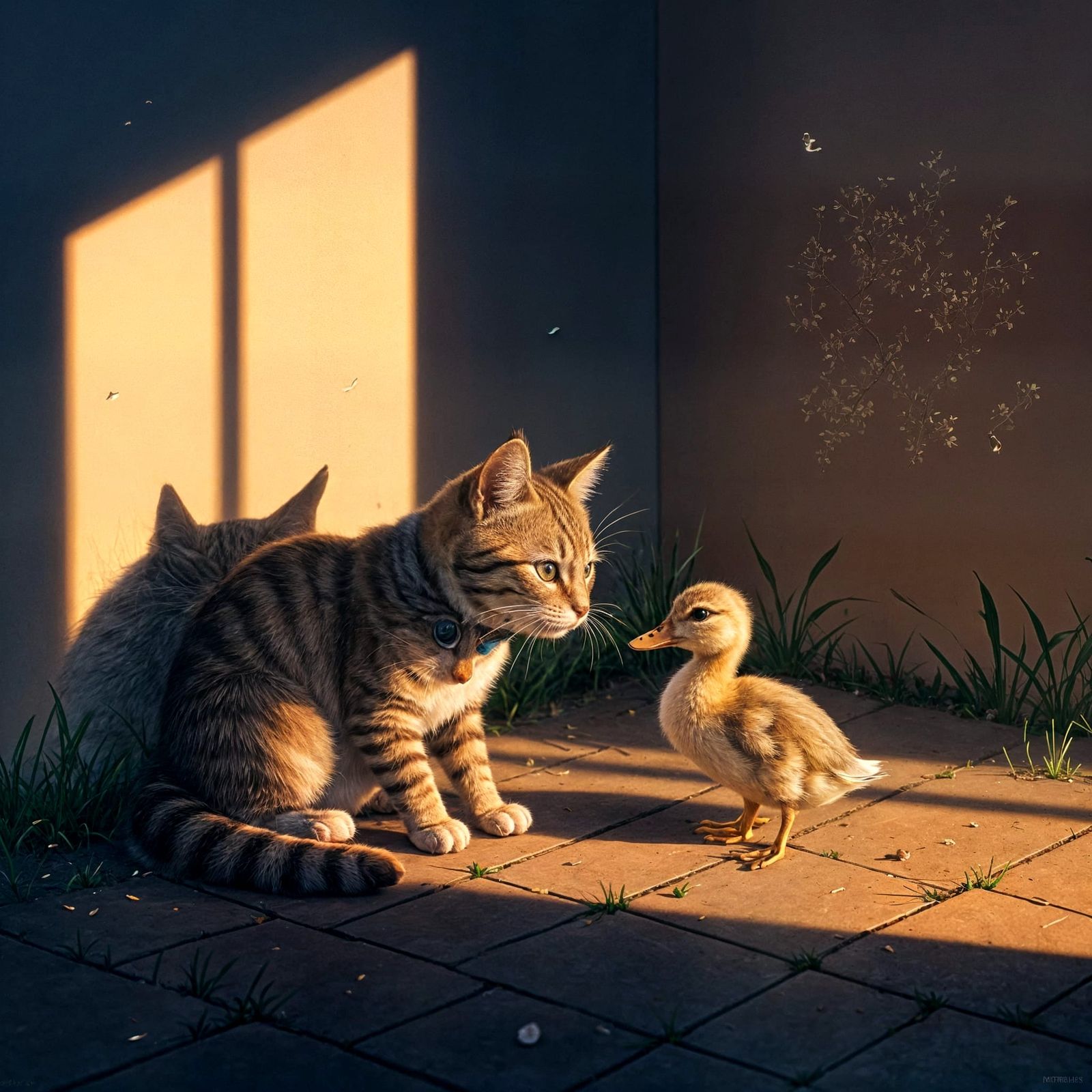Cat and Duckling Find Companionship in Garden