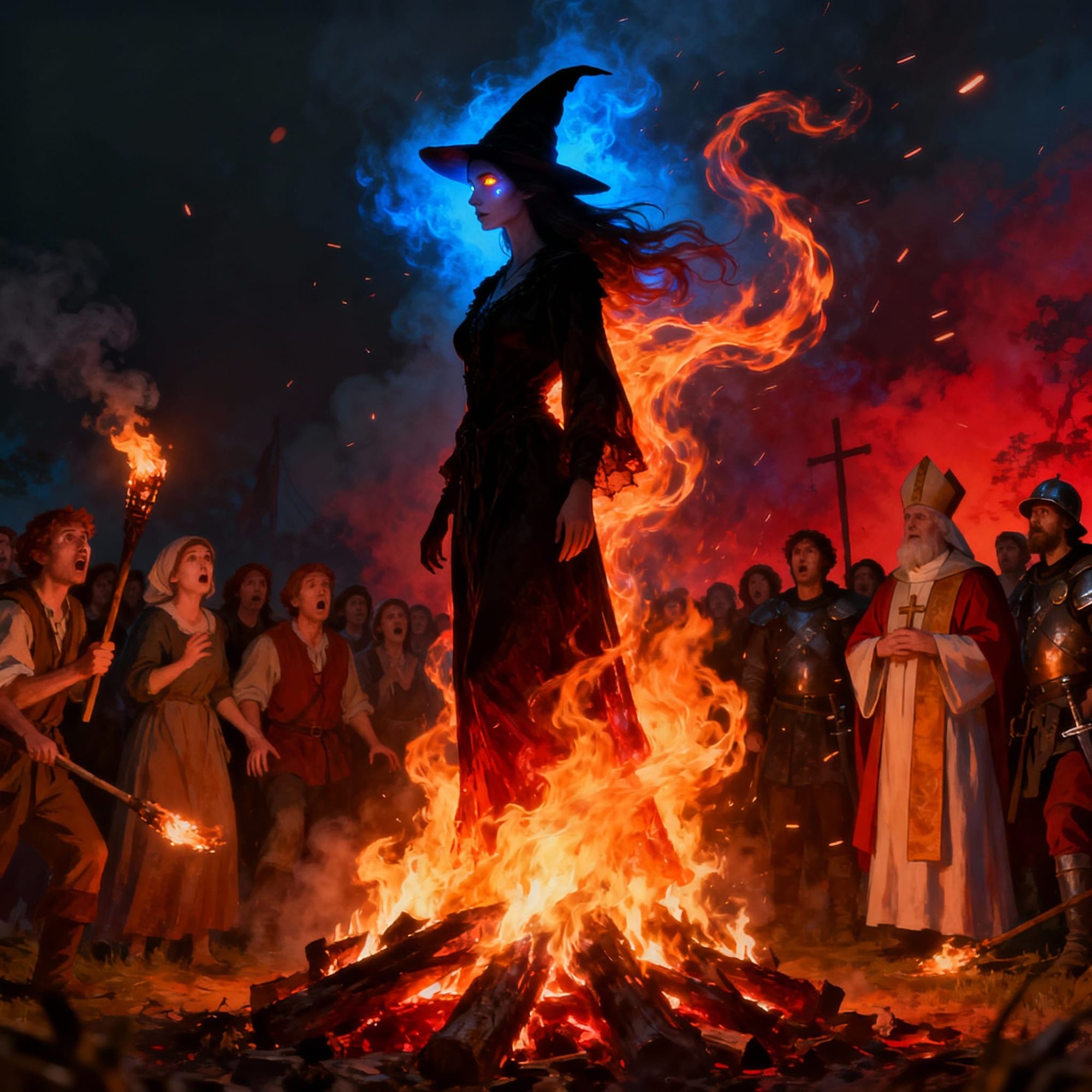 A dramatic dark fantasy scene — a witch standing calmly on a burning pyre, surrounded by shocked villagers. The flames rise high, but she do...