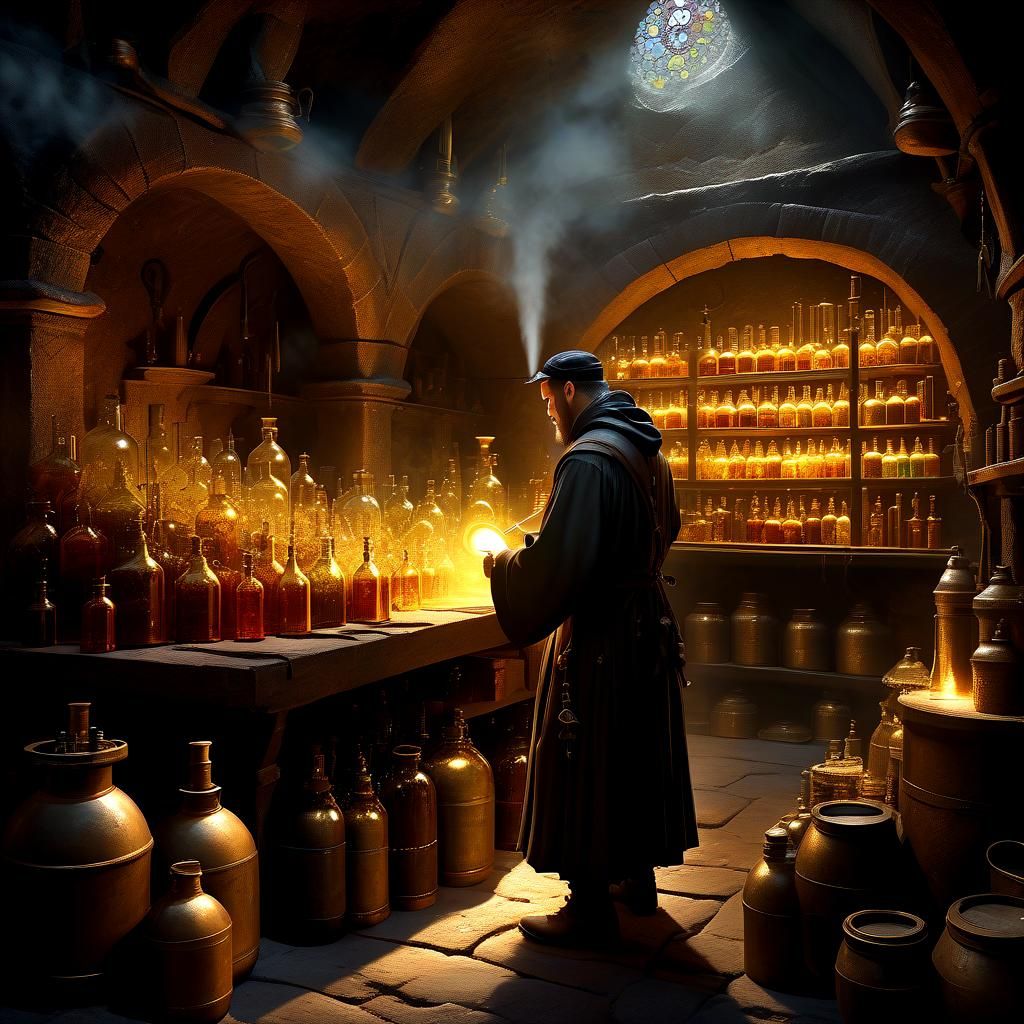 Imaginative depiction of an alchemist at work in a hidden me...