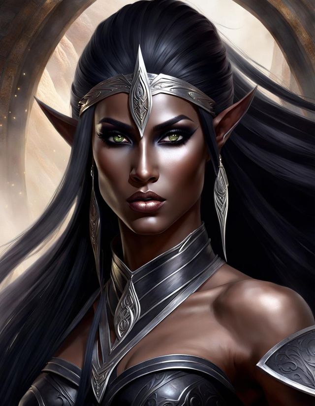 A captivating dark elf warrior with sharp, elegant features. Her lithe ...