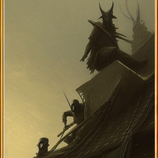 masked goons on the roof with blades horror Gustave Doré Gre...