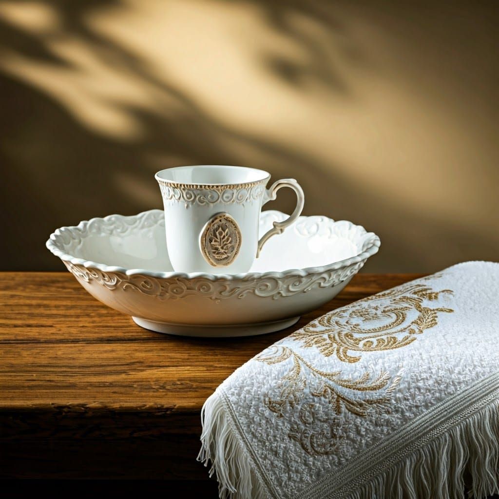 Rococo-Style Still Life with Ornate China and Baroque Embroi...