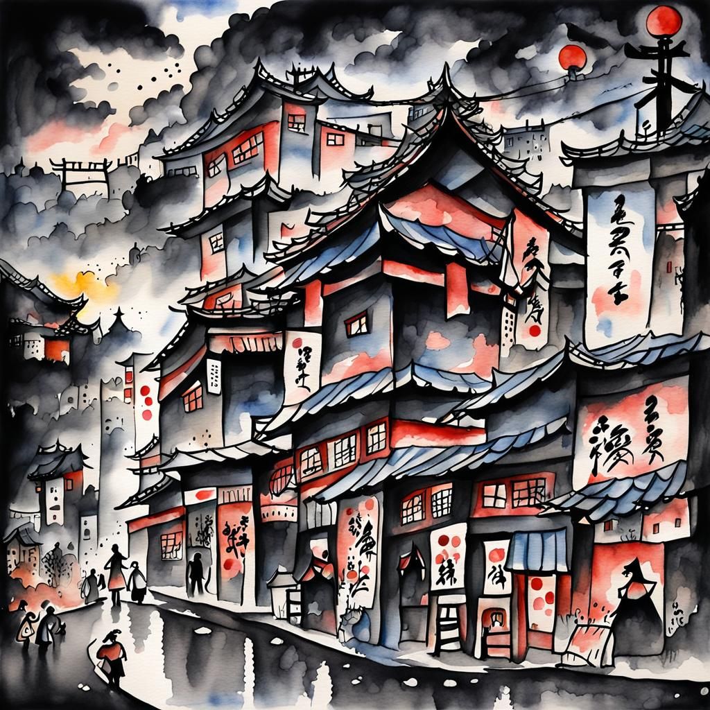 ink drawing + folk painting + oriental + watercolor + natura...