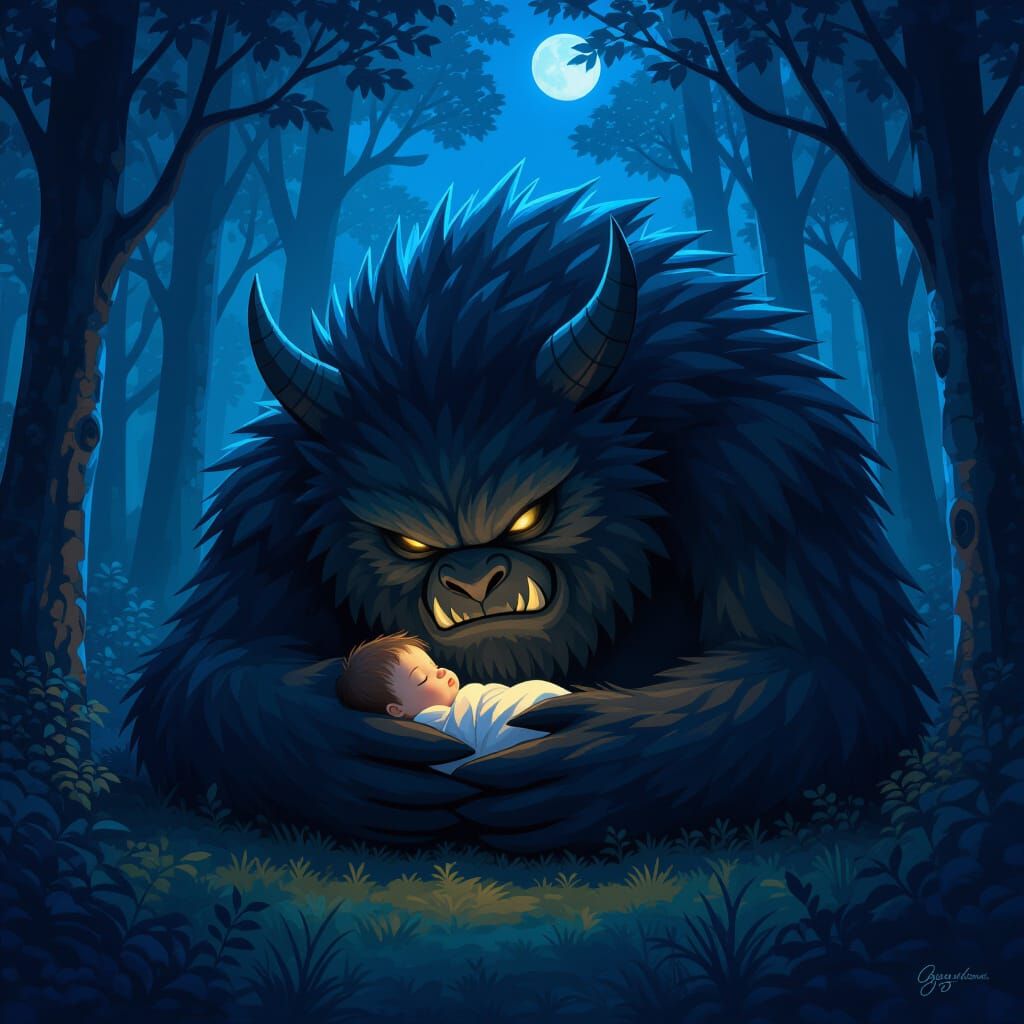 A dark fantasy forest at night with a large, fierce looking monster similar to Maurice Sendak's style ...  by @Tribble Lover