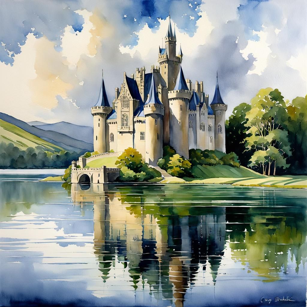 a painting of a castle in the middle of a lake, celtic designs, stunning grand architecture, water color, ...  by @undefined