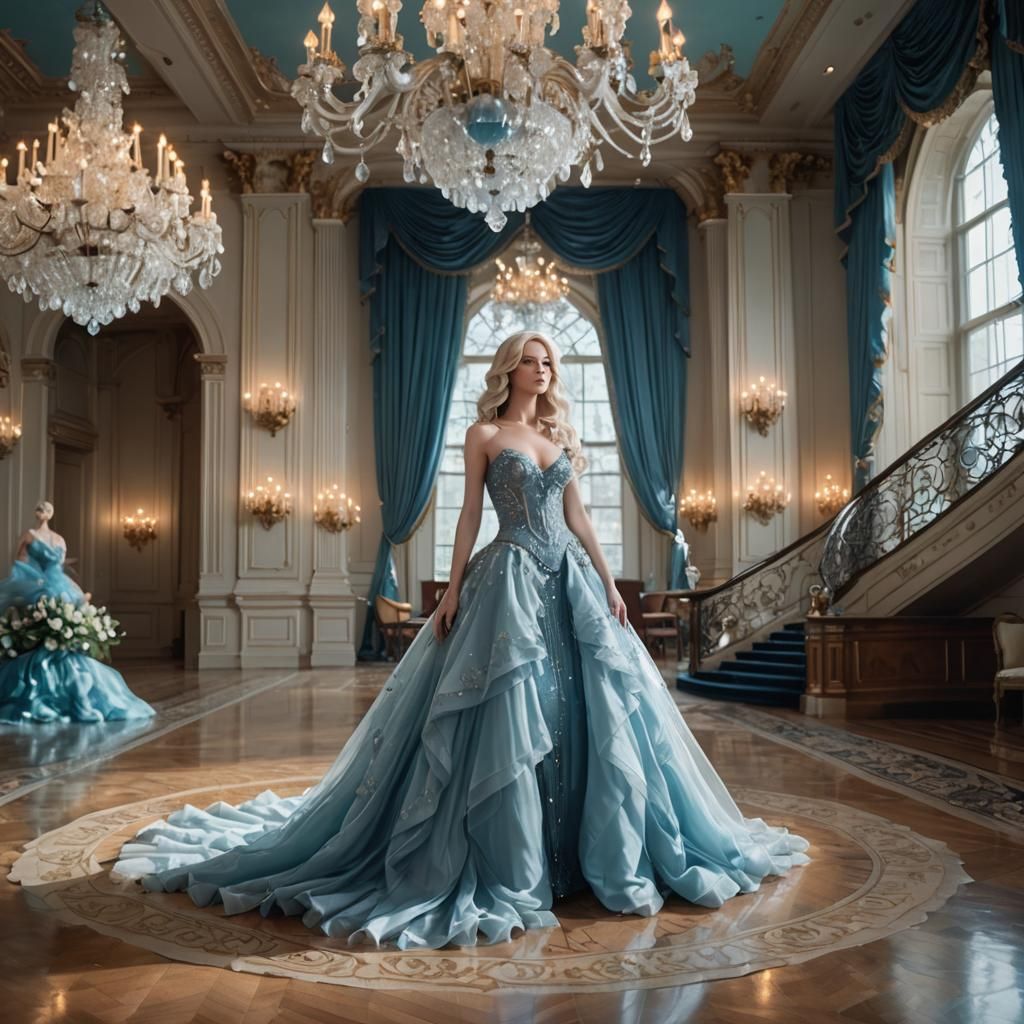 In a lavish palace ballroom, a stunning female figure stands...