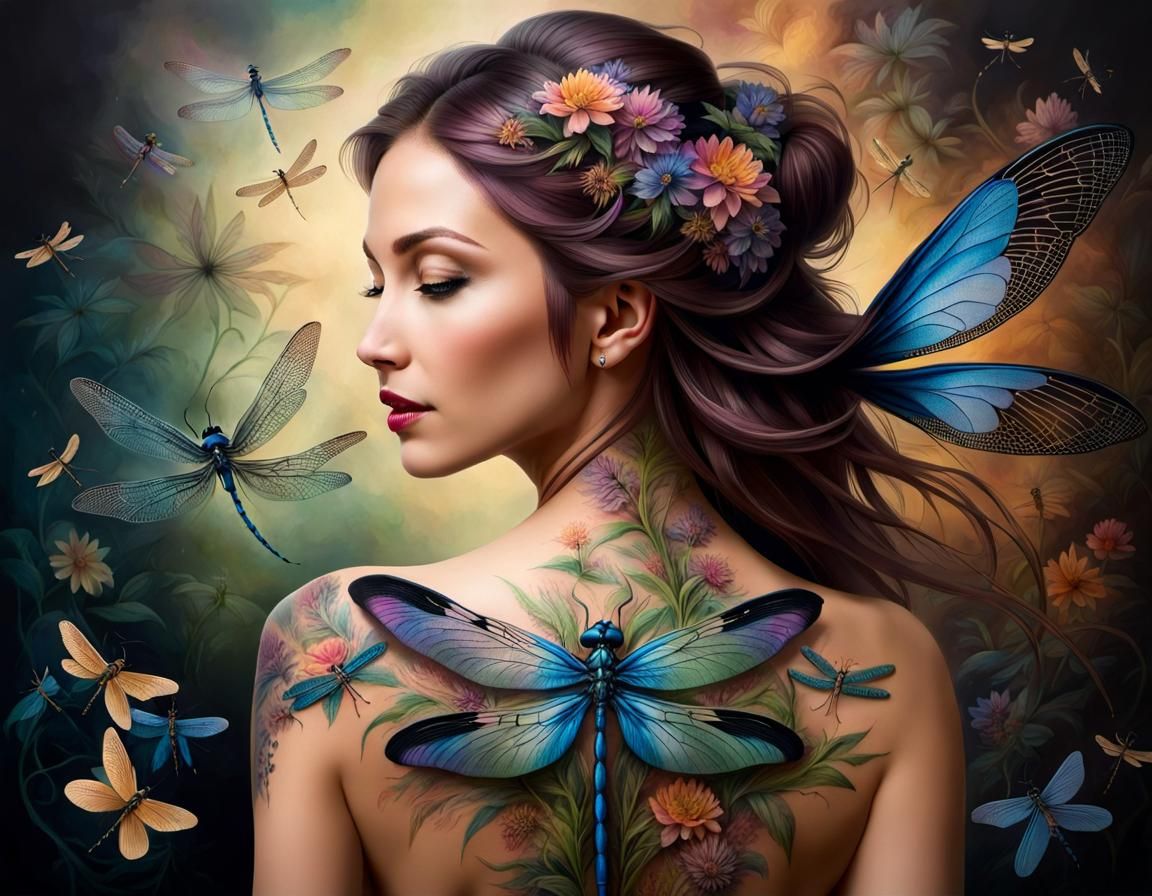 Woman with Dragonfly Tattoo in Dark Botanical Style