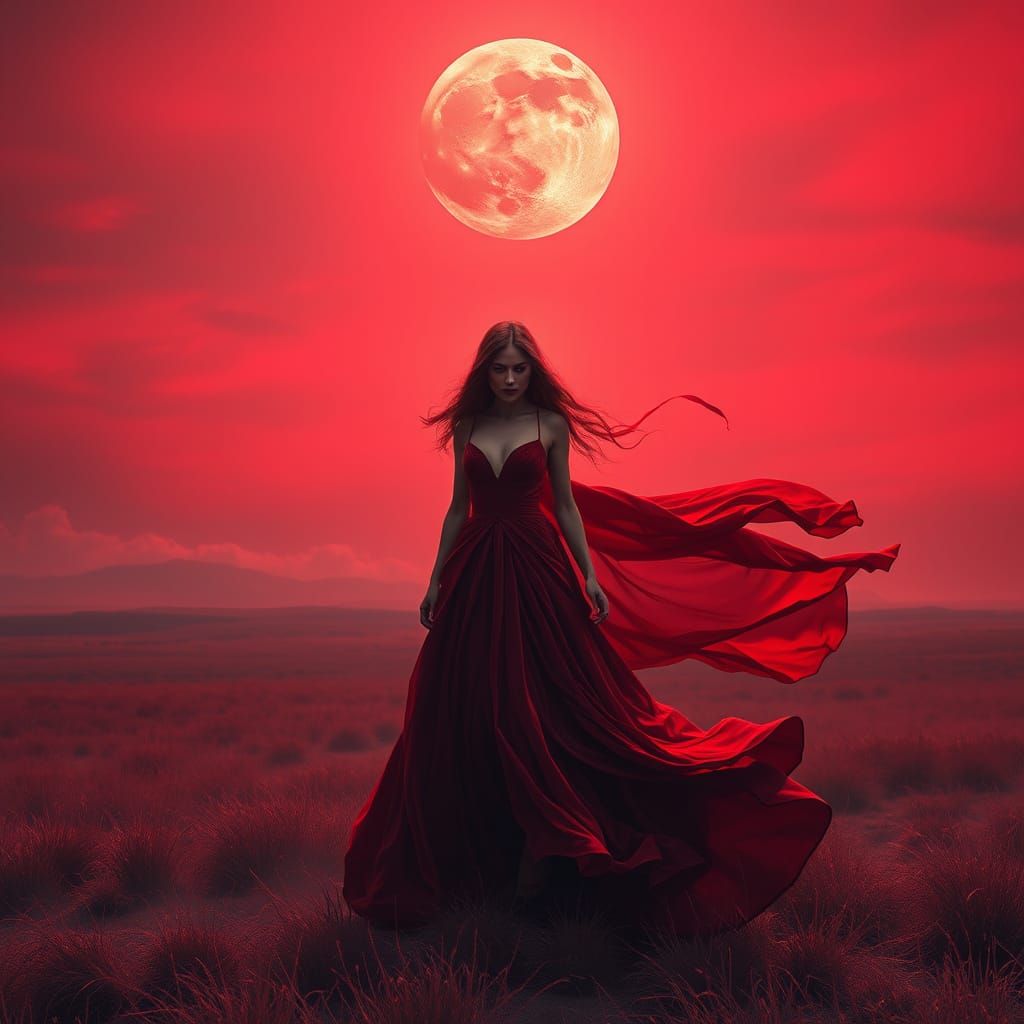 A surreal dreamlike scene bathed entirely in deep fire red tones. A mysterious woman stands in a red ...  by @Tiger princess 