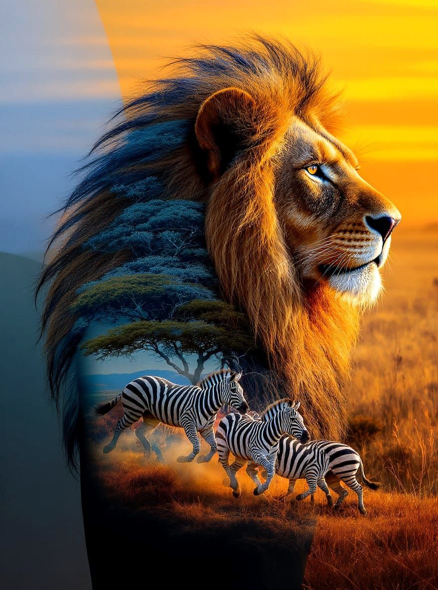 Double Exposure Lion with Running Zebras