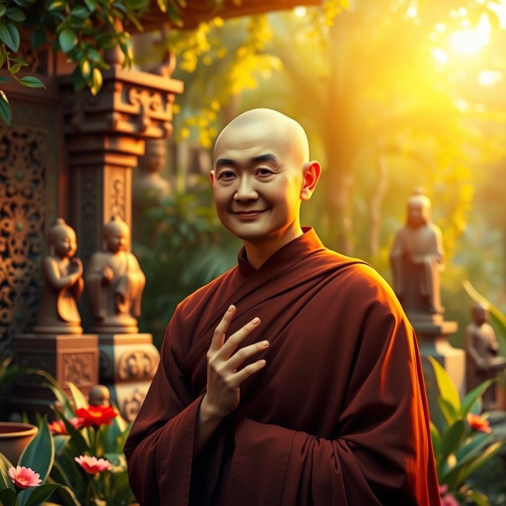 Buddhist Monk in Serene Garden, Cultivating Loving-Kindness....