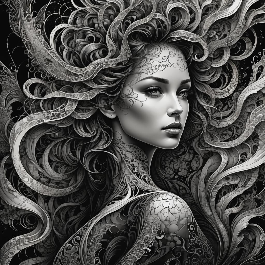 Woman's Silhouette in Pen and Ink Fractal Art