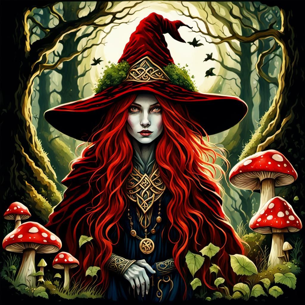 Ethereal Gothic Witch in Lush Forest Watercolor