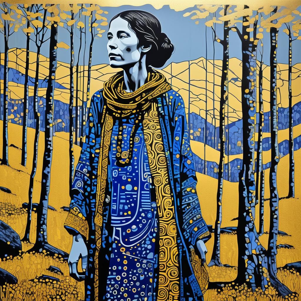 Portrait full body beautiful whimsical female nomad great smoky mountains, silk screen, surreal/da-da, ...  by @Tippy