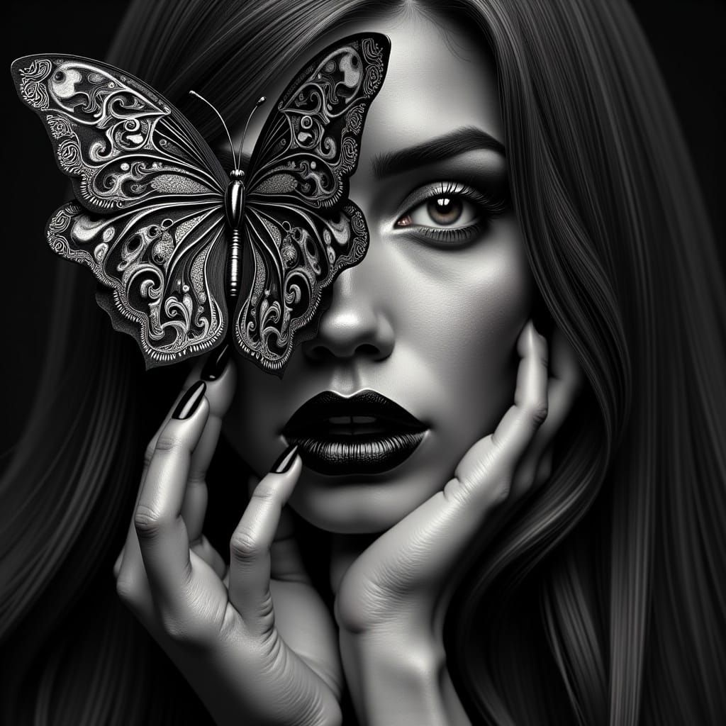 A booklet of a black and white artistic image with a close-up of a woman's face partially obscured by a butterfly with its wings openwork de...