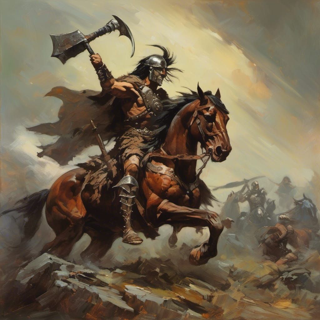 <lora:FrazettaFantasy:1.0> a conan style warrior with a batt...