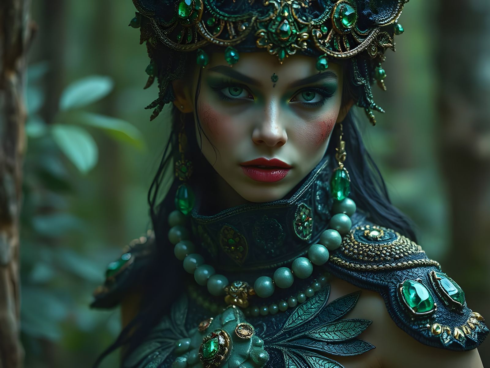 Surly sorceress (cover her body). Close-up shot. Emerald bejeweled, Intricate, Folk art, Forest, Android ...  by @Adriana