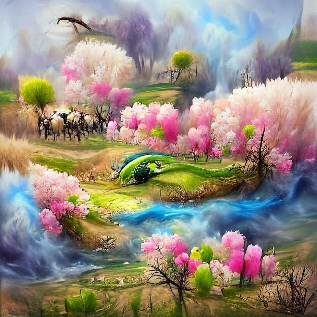 beautiful fantasy painting of spring landscape